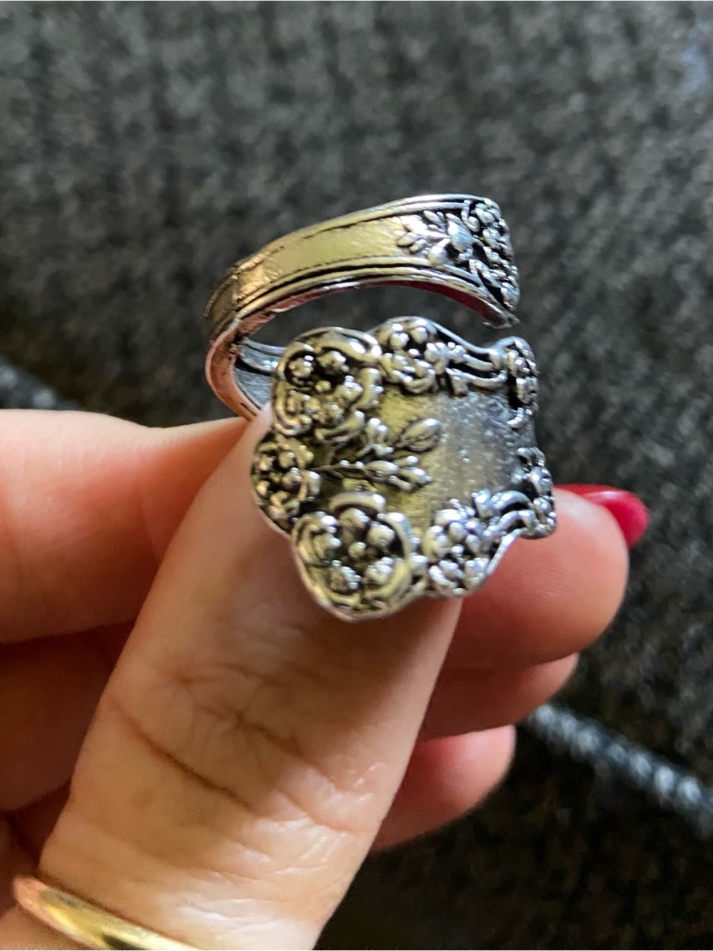 Antique-Style Floral Silver Spoon Ring - Adjustable